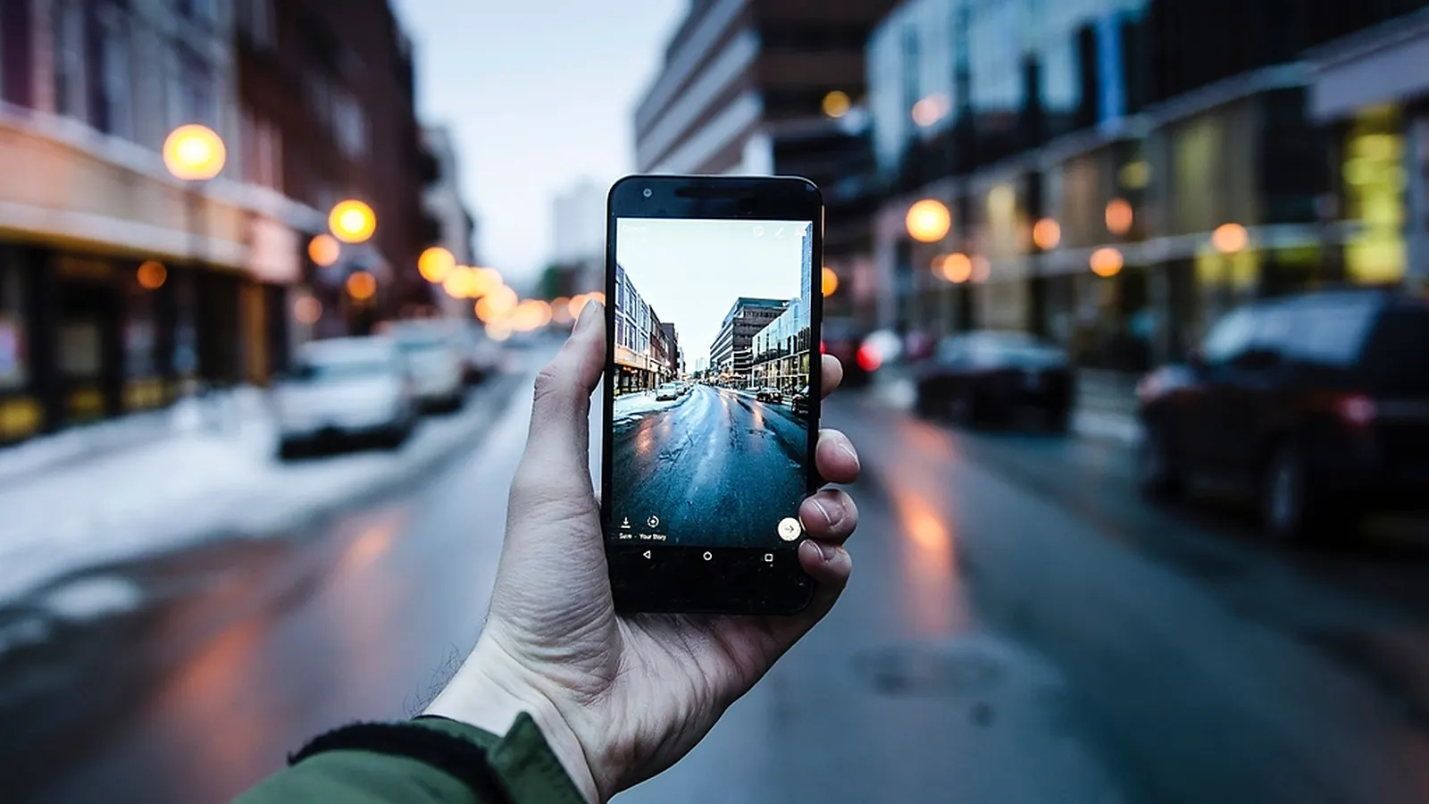 Ranka laiko išmanųjį telefoną ir fotografuoja miesto gatvę su automobiliais
